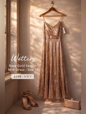 Watters Anzen 5300 Rose Gold Sequin Midi Dress Size 10 NWT